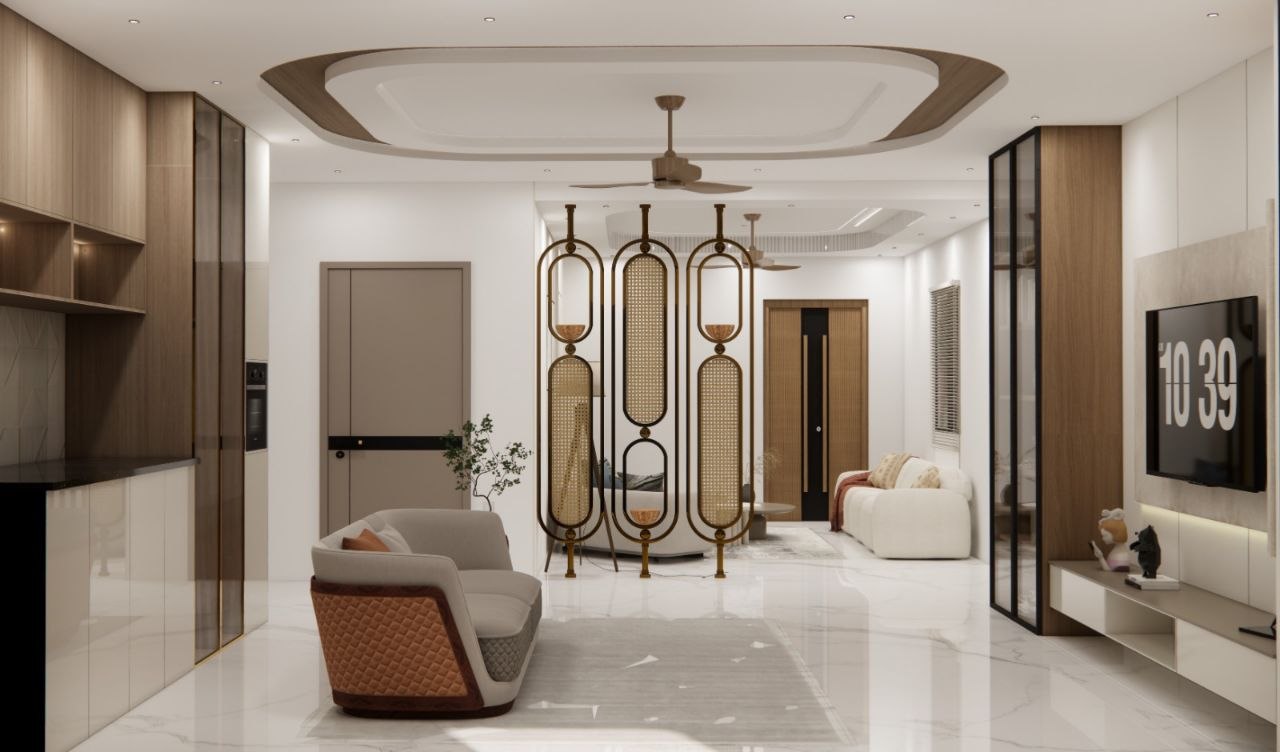 Cane Partition Living Room — Residential interior in Kompally, Hyderabad